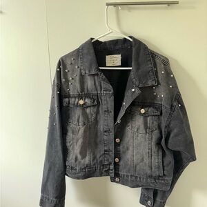 Studded embellished grey denim jacket